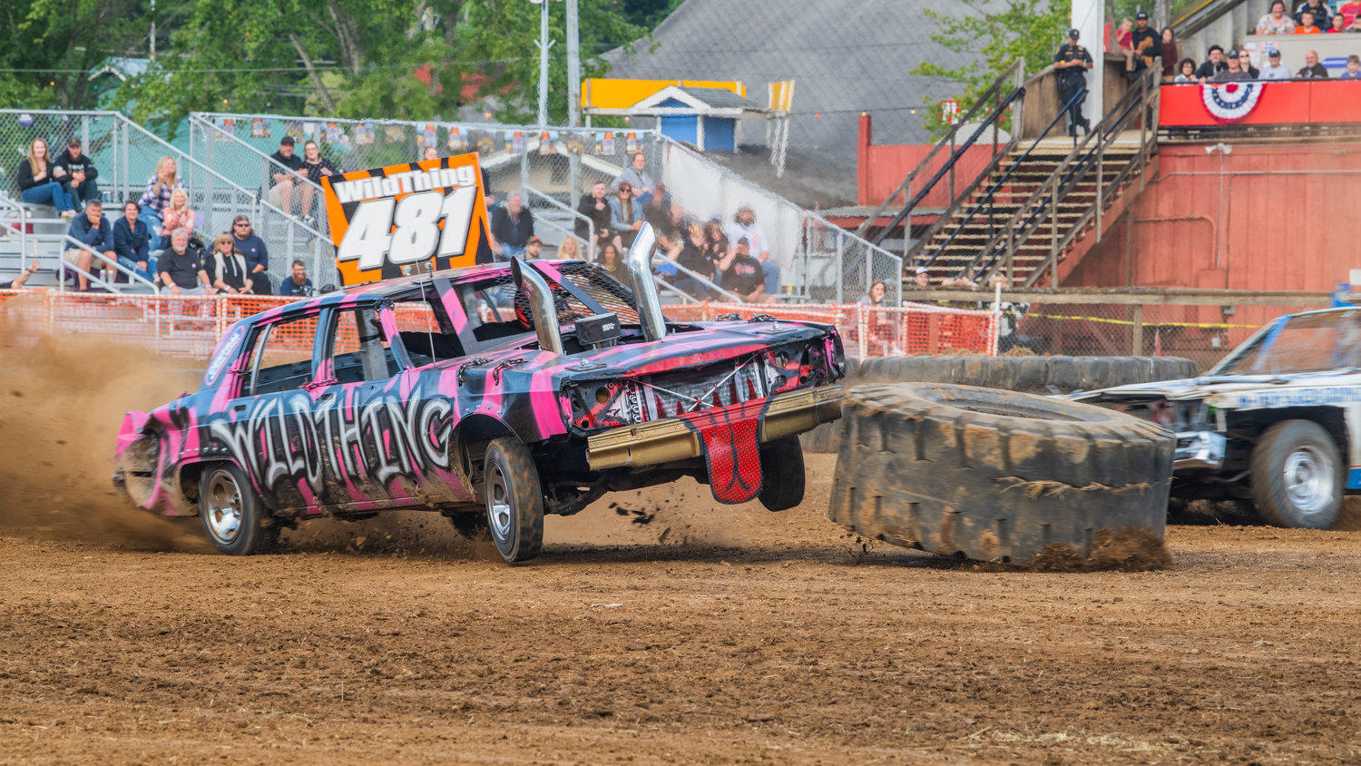 “Wild Thing” clips a tire during a race at the Southwest Washington Fairgrounds Sunday night during Summerfest celebrations.